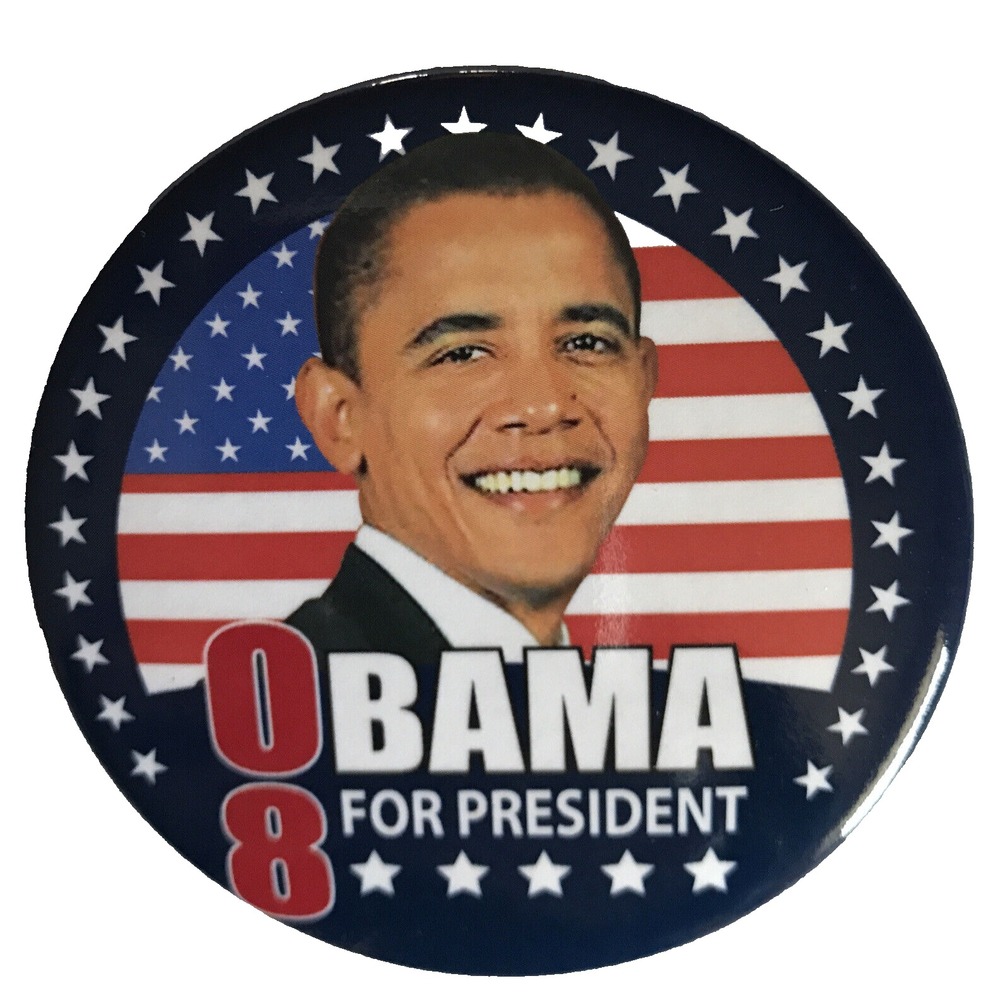 Political Pin Pinback Button 3" Obama for President 08 Photo Blue Border